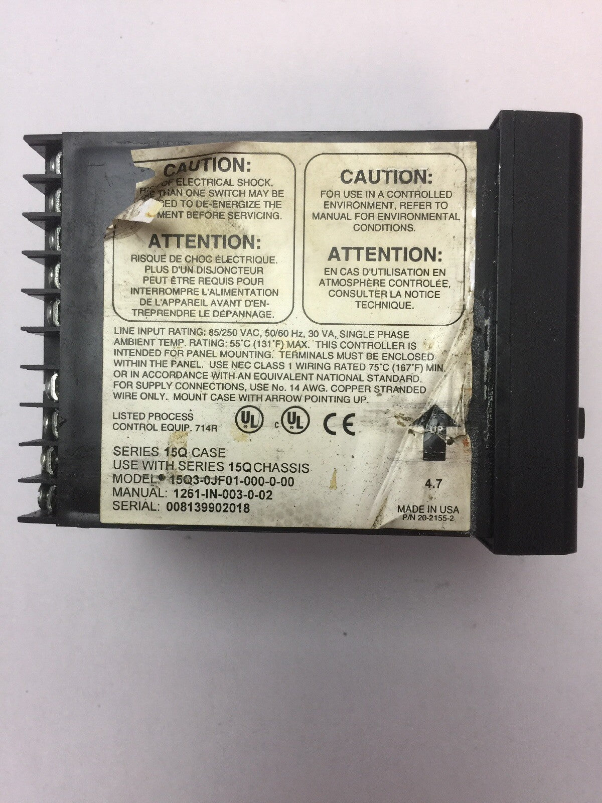 BARBER-COLMAN 15Q3-0JF01-000-0-00 CONTROLLER 85/250VAC, 50/60HZ,30VA,SINGLE PHAS