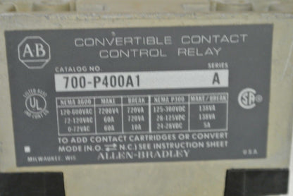 ALLEN-BRADLEY 700-P400A1 Ser. A - AC CONVERTIBLE CONTACT CONTROL RELAY /