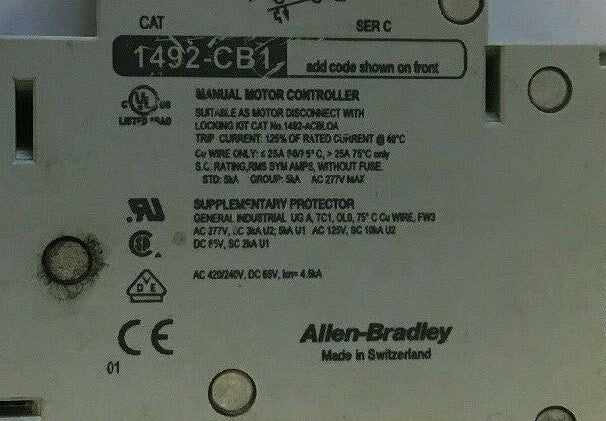 ALLEN BRADLEY 1492-CB1 G100 CIR.BREAKER 277VAC 65VDC 10A 2HP SER.C**(LOTOF6)**
