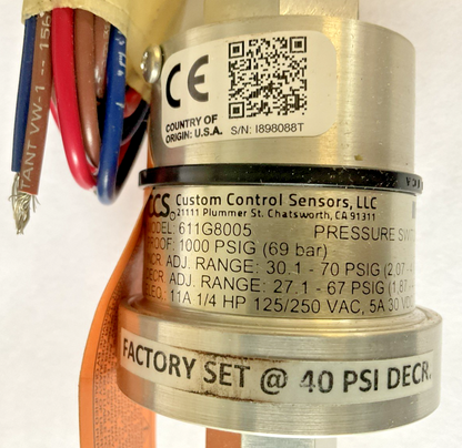 CUSTOM CONTROL SENSORS 611G8005 PRESSURE SWITCH 1000PSGI 69BAR