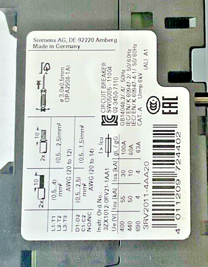 SIEMENS 3RV2011-4AA20 MOTOR CONTROL 10-16A 50HZ