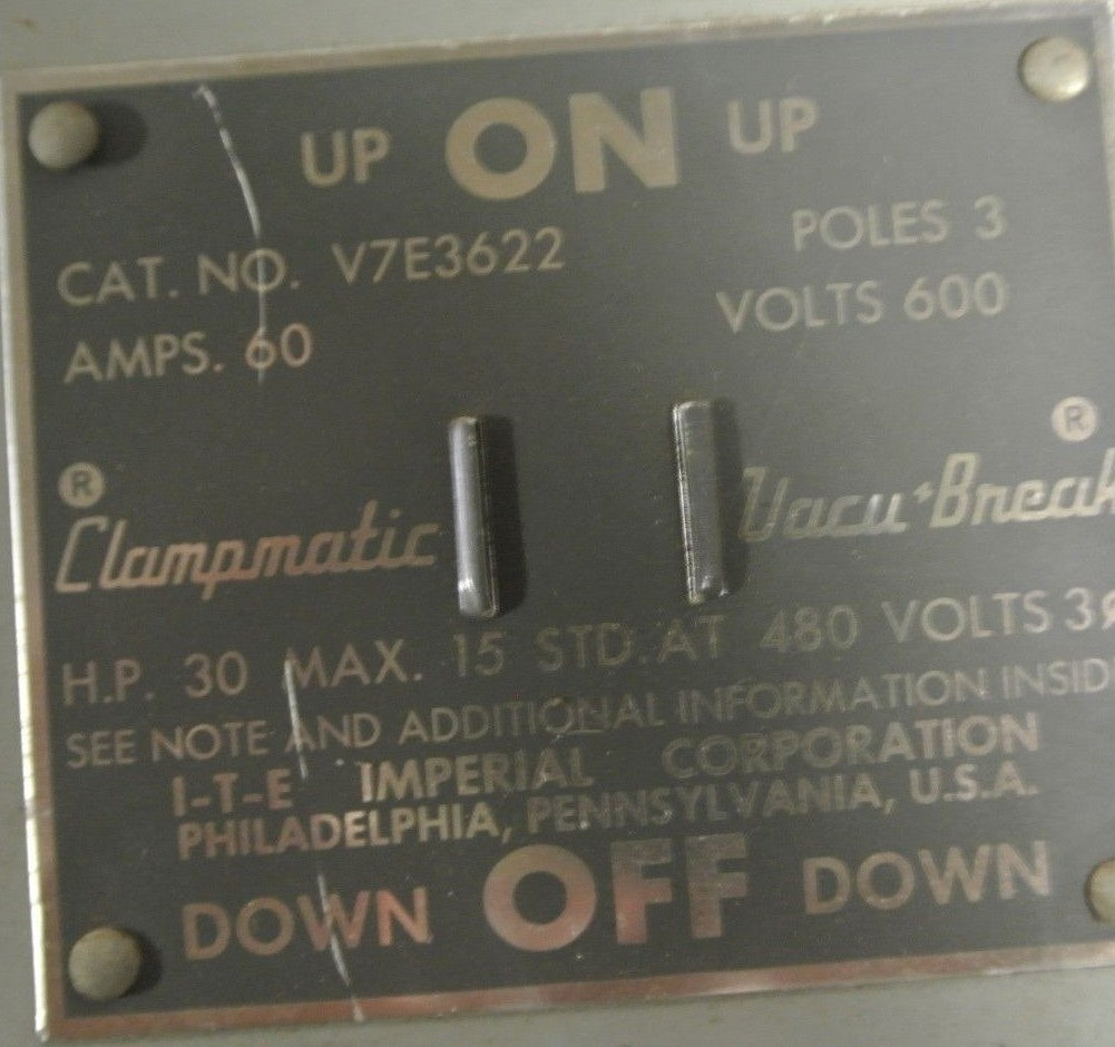 I-T-E V7E3622 CLAMPMATIC VACU-BREAK TWIN PANELBOARD SWITCH - 600V, 60A, 3-POLE
