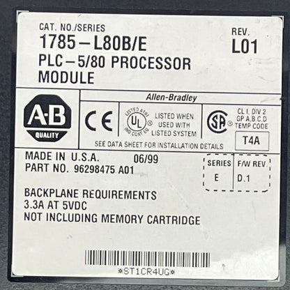 ALLEN BRADLEY 1785-L80B/E PLC-5/80 PROCESSOR MODULE REV L01 SER E F/W REV D.1