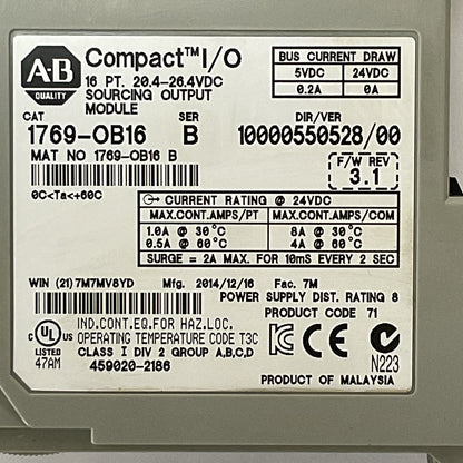 ALLEN BRADLEY 1769-OB16 SER B F/W REV 3.1 DIR/VER 10000550528/00 16PT COMPACT