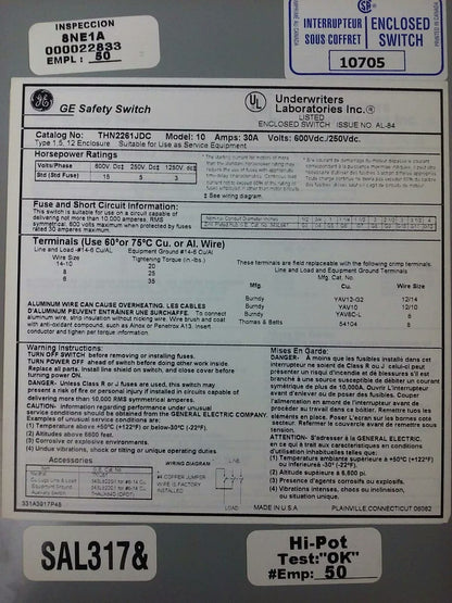 GE THN2261JDC H.D. SAFETY SWITCH 30A,600/250VDC, MODEL 10, TYPE 1,5,12 ENCLOSURE