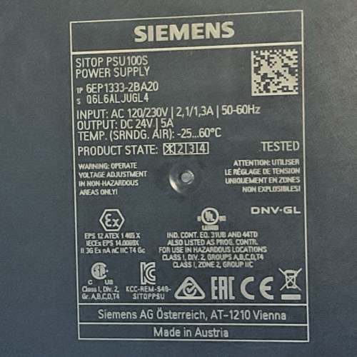SIEMENS 6EP133-2BA20 POWER SUPPLY 120/230V 50-60HZ SITOP PSU100S 24VDC/5A