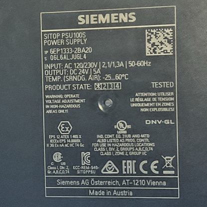 SIEMENS 6EP133-2BA20 POWER SUPPLY 120/230V 50-60HZ SITOP PSU100S 24VDC/5A