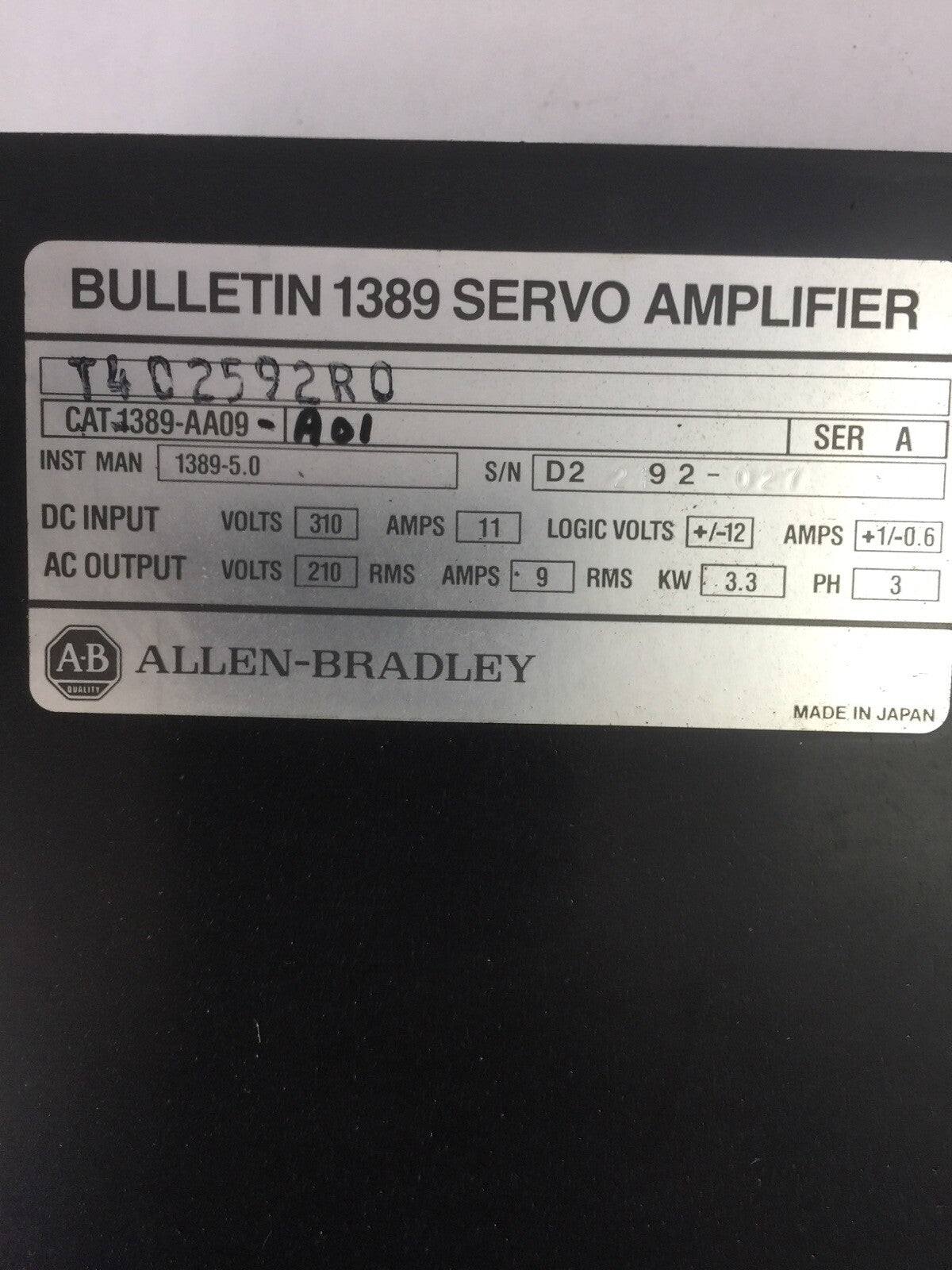 ALLEN BRADLEY 1389-AA09 SERVO AMPLIFIER SER A OUTPUT 210VAC 9A INPUT 310VDC 11A