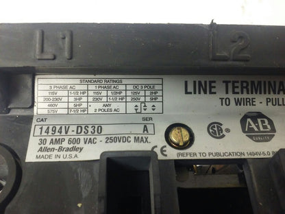 ALLEN BRADLEY 1494V-DS30 SER. A, FUSIBLE SWITCH, 3PH, 3P, 30A, 600V,1494V-FSR633
