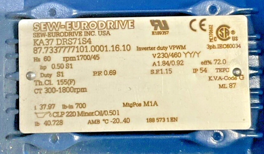 SEW-EURO DRIVE KA37 DRS71S4 GEAR MOTOR 1700/45RPM PF0.69 HP 0.50S1