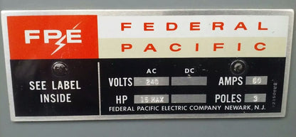 FPE 1632 TYPE A FUSIBLE SAFETY SWITCH 3P, 60A, 240VAC, 4 WIRE, 3 BLADES,7 1/2HP