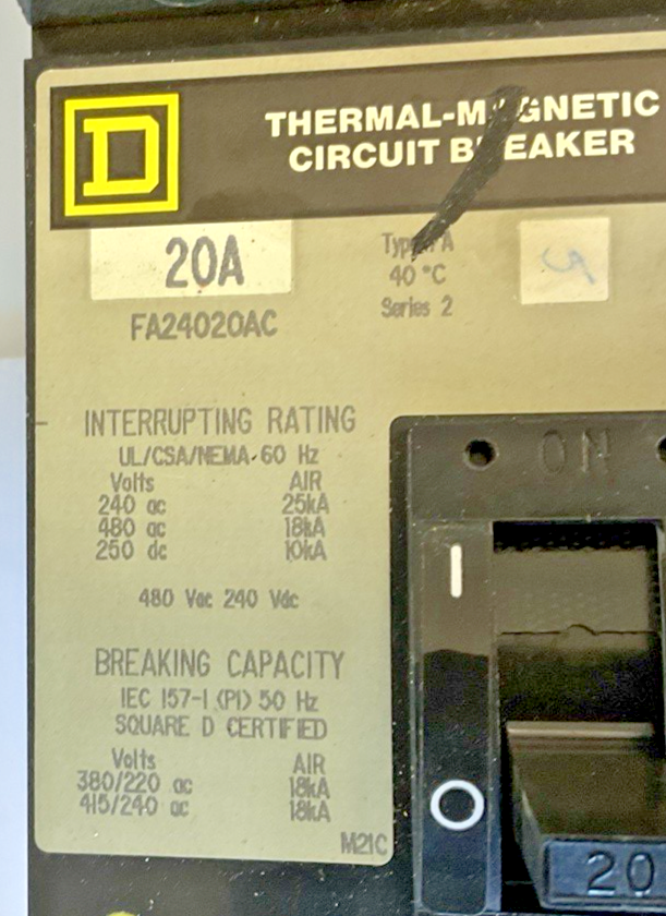 SQUARE D FA24020AC I-LINE MOLDED CIRCUIT BREAKER  20 AMP 2P 480VAC SER.2