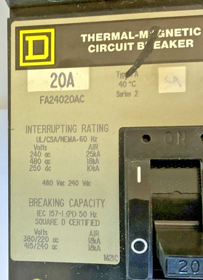 SQUARE D FA24020AC I-LINE MOLDED CIRCUIT BREAKER  20 AMP 2P 480VAC SER.2