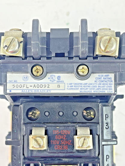 ALLEN BRADLEY - 500FL-AOD92 SER. B- AC LIGHTING CONTACTOR 15/20 AMP, 600 VAC