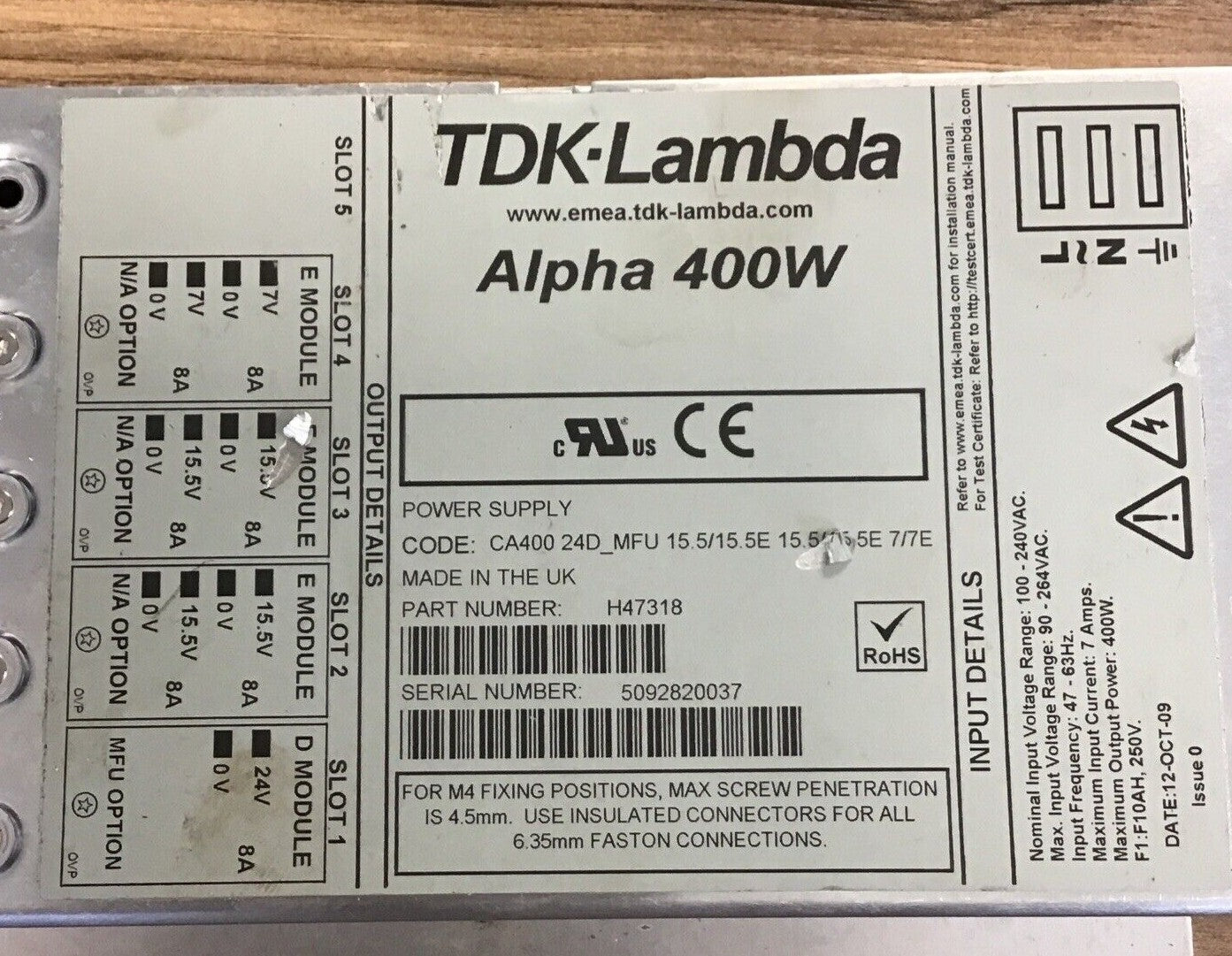 TDK-LAMBDA ALPHA 400W H47318 POWER SUPPLY 264VAC 47-63HZ