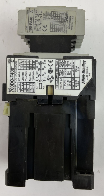 ALLEN BRADLEY 700DC-F400* SER C CONTACTOR 600VAC 300VDC 10A COIL 24VDC 195-FA40