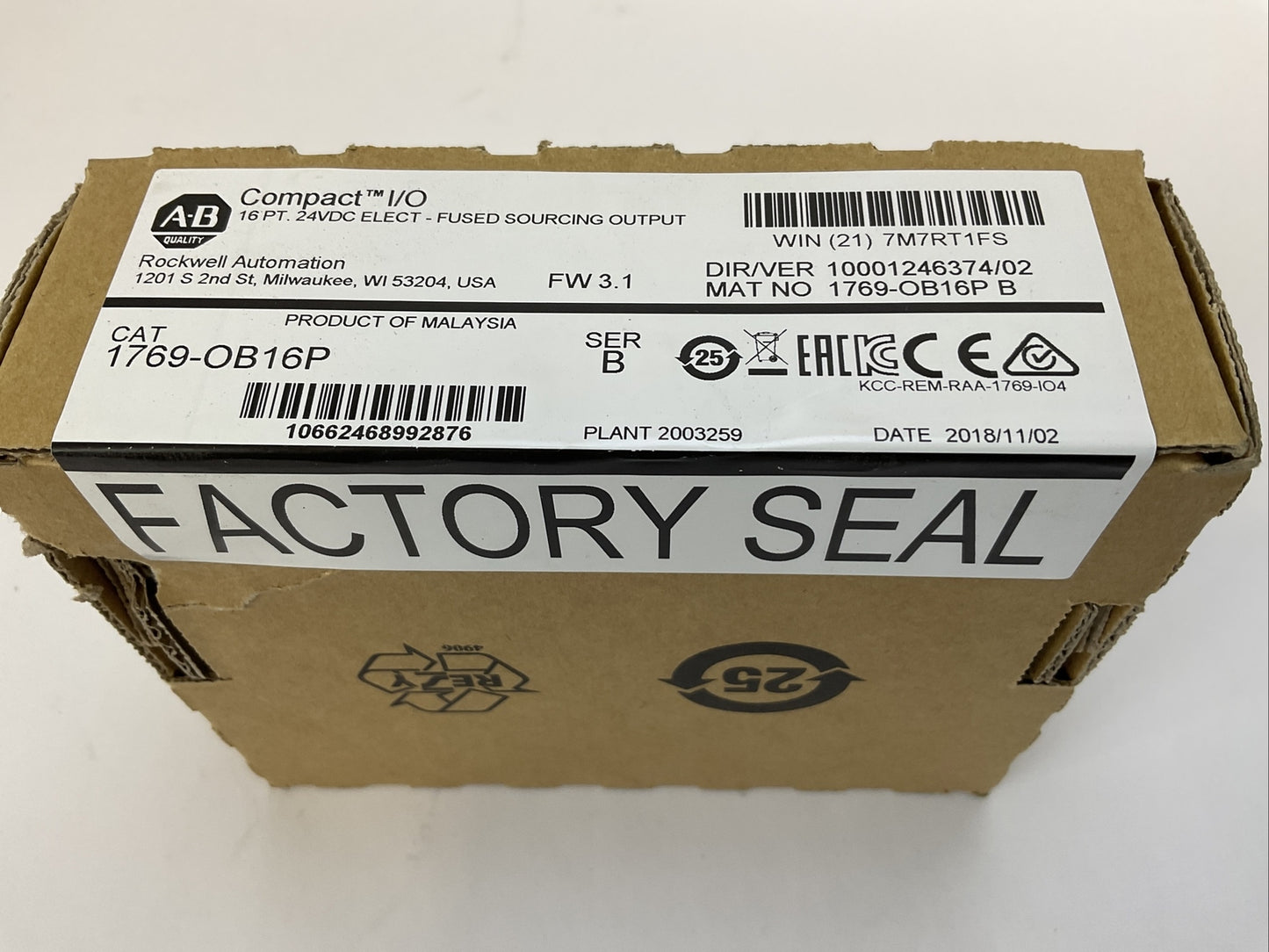 ALLEN BRADLEY 1769-OB16P SER B FW 3.1 DIR/VER 10001246374/02 16PT 24VDC ELECT