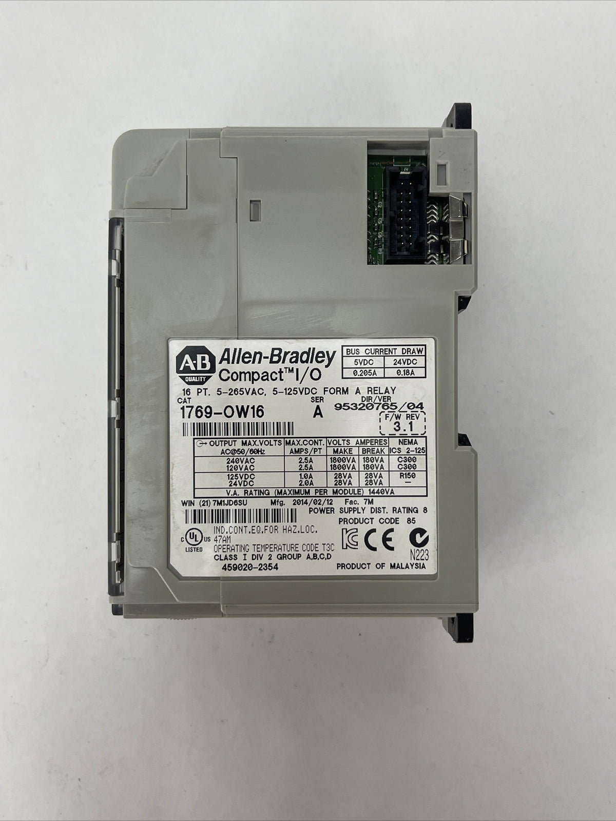 ALLEN BRADLEY 1769-OW16 SER A F/W REV 3.1 16PT 5-265VAC 5-125VDC FORM A RELAY