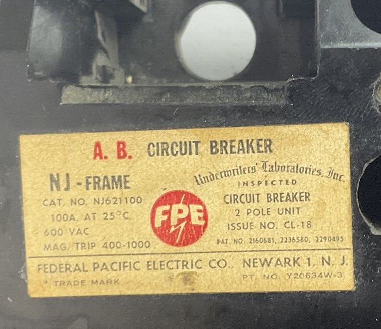 FEDERAL PACIFIC NJ621100 CIRCUIT BREAKER 2POLE 100A 600VAC MAG.TRIP 400-1000