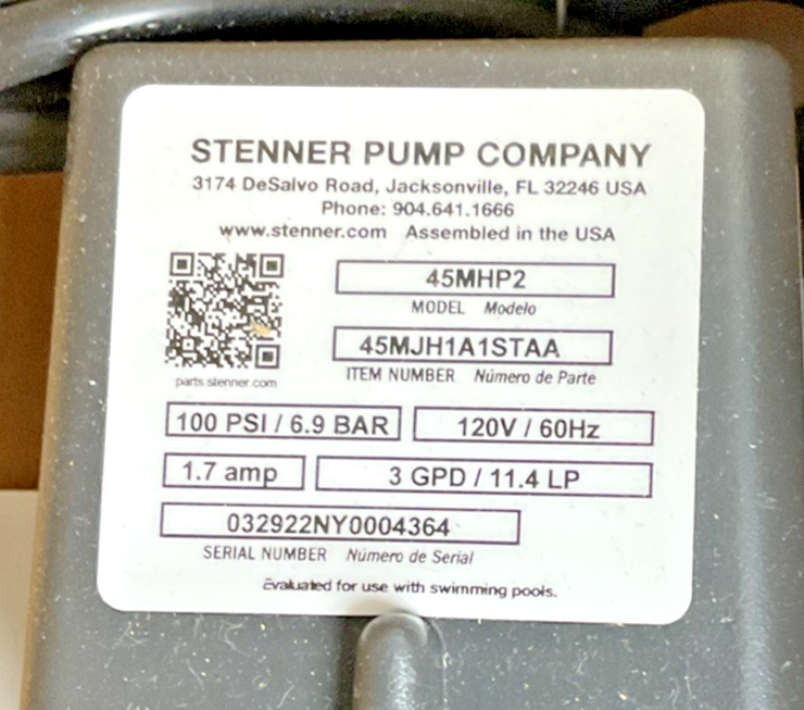 STENNER 45MHP2 METERING PUMP 100PSI/6.9BAR 120VAC/60HZ 1/4"