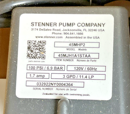 STENNER 45MHP2 METERING PUMP 100PSI/6.9BAR 120VAC/60HZ 1/4"