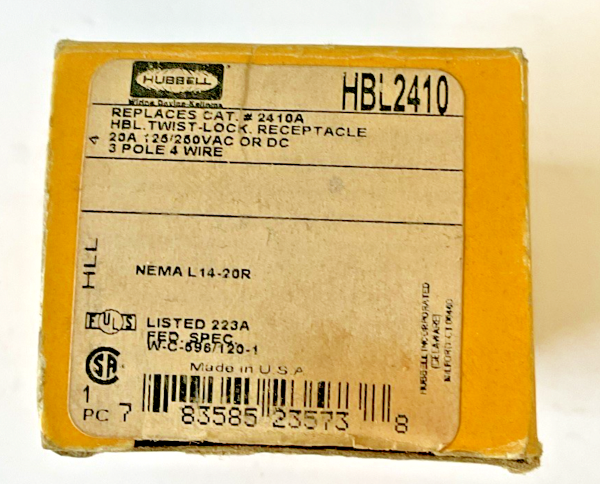 HUBBELL HBL2410 TWIST LOCK RECEPTACLE 20A 125/250VAC 2POLES 3WIRE