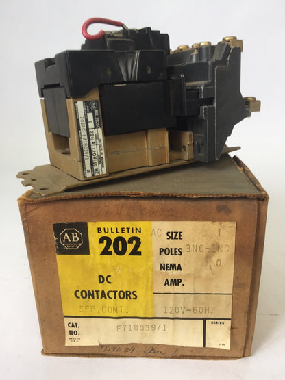 ALLEN BRADLEY 202AC-F718039/1 DC CONTACTOR 250VDC 3NO-1NC 71A86 COIL 120V 60HZ