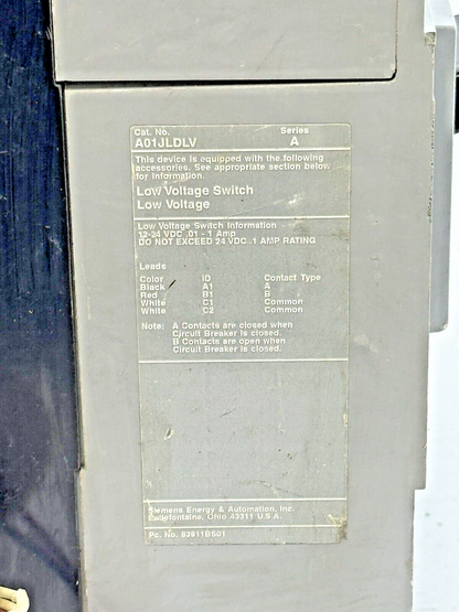 SIEMENS - LXD62S600A - SWITCH W/ A01JLDLV LOW VOLT AUX SWITCH 2 POLE/600A/600VAC