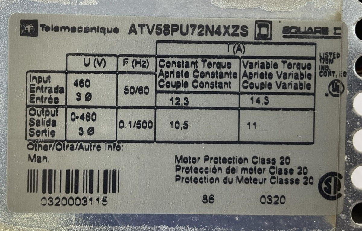 TELEMECANIQUE ATV58PU72N4XZS AC DRIVE 460V V5.3