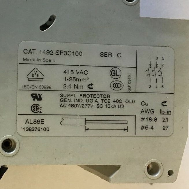 ALLEN BRADLEY 1492-SP3C100 CIRCUIT BREAKER SER.C 415VAC 10A