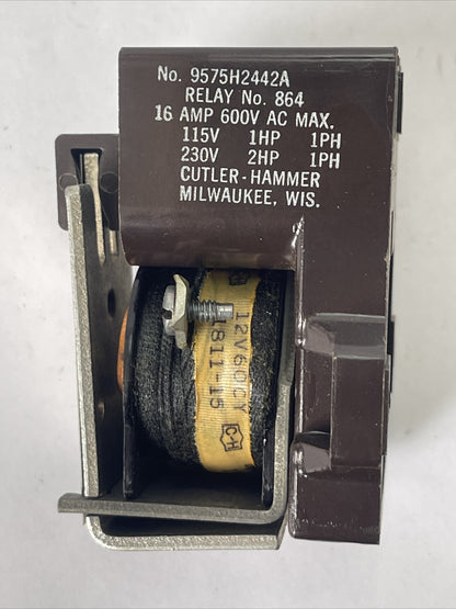 CUTLER HAMMER 9575H2442A RELAY NO 864 16A 600VAC 115V 1HP 230V 2HP COIL 12V 60CY