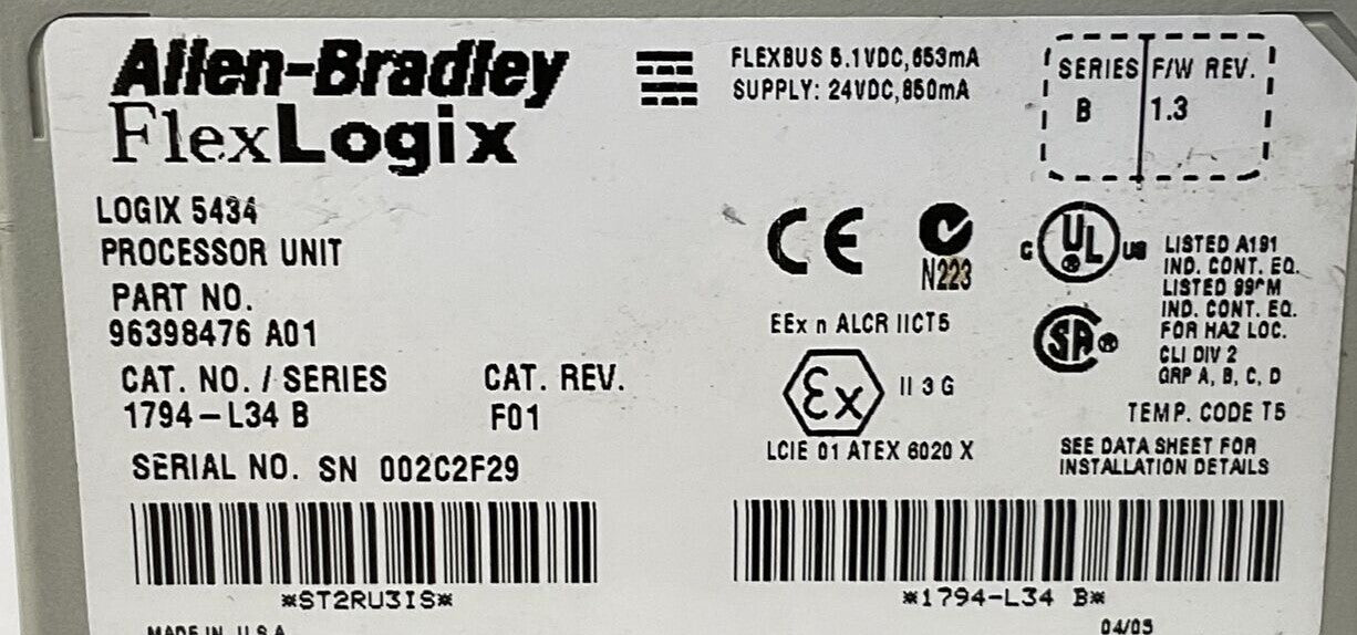 ALLEN BRADLEY 1794-L34 SER B CAT REV F01 F/W REV 1.3 LOGIX 5434 PROCESSOR UNIT