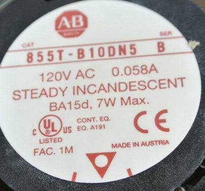 ALLEN-BRADLEY 855T-B10DN5 AMBER STACK LIGHT STEADY 120VAC *NO GASKET/RING*