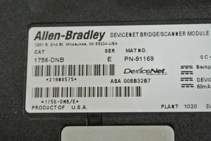 ALLEN-BRADLEY 1756-DNB DEVICENET BRIDGE / SCANNER MODULE - SERIES E