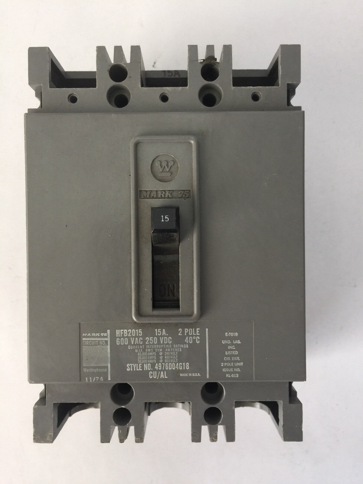 WESTINGHOUSE HFB2015 AB DE-ION CIRCUIT BREAKER 15AMP 600VAC 250VDC 2P 4976D04G18