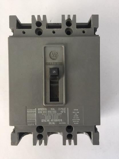 WESTINGHOUSE HFB2015 AB DE-ION CIRCUIT BREAKER 15AMP 600VAC 250VDC 2P 4976D04G18