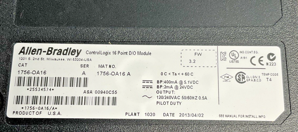 ALLEN BRADLEY 1756-OA16 SER A FW 3.2 16 PT D/O MODULE OUTPUT 50/60HZ