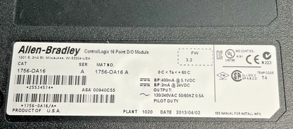 ALLEN BRADLEY 1756-OA16 SER A FW 3.2 16 PT D/O MODULE OUTPUT 50/60HZ