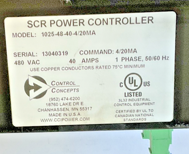CONTROL CONCEPTS 1025-48-40-4/20MA SCR POWER CONTOLLER 480VAC 40AMPS 1PH 50/60HZ