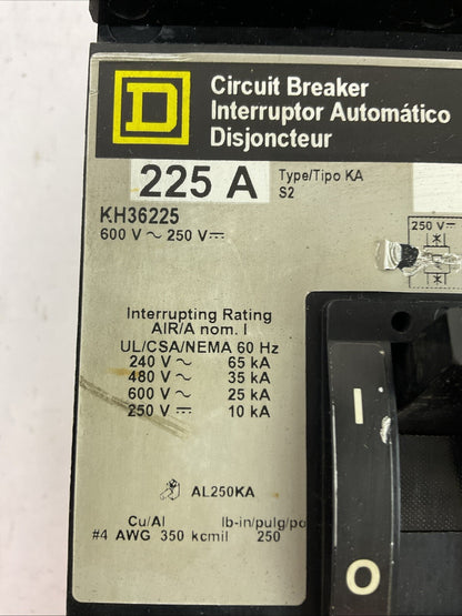 SQUARE D KH36225 CIRCUIT BREAKER 600VAC 250VDC 3POLE 225AMP