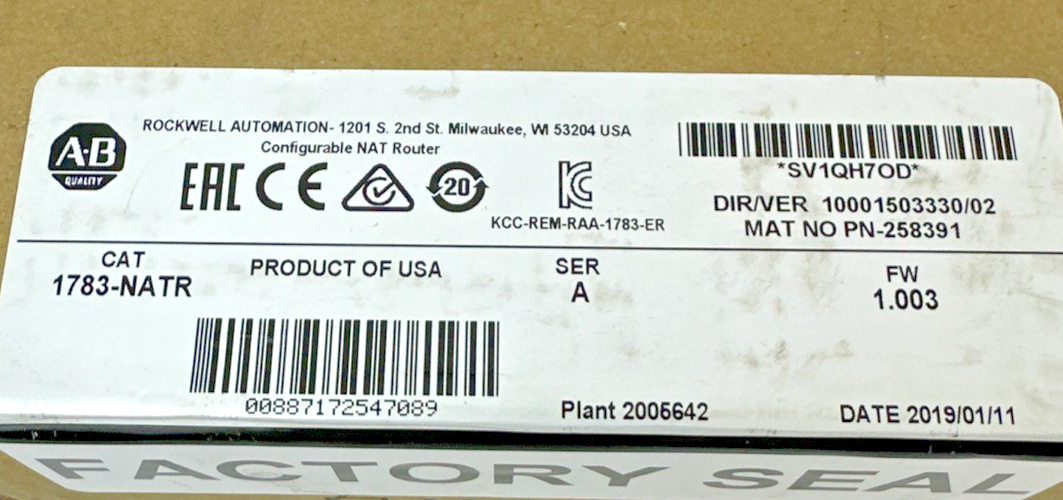 ALLEN-BRADLEY 1783-NATR SER. A FW: 1.003 CONFIGURABLE NAT ROUTER ETHERNET IP