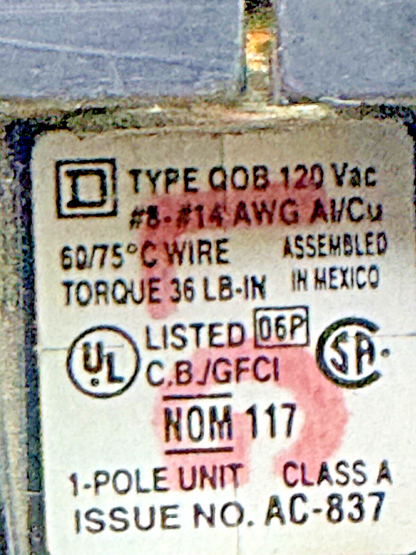 SQUARE D - QOB115GFI - 15A/1 POLE/120 VAC/BOLT-ON/GROUND FAULT/TYPE QOB