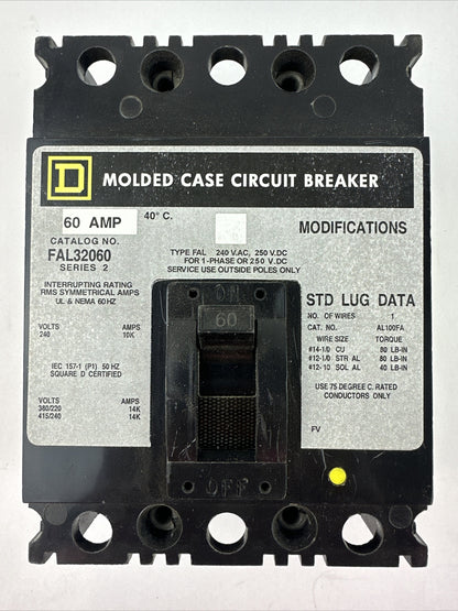 SQUARE D FAL32060 SER 2 CIRCUIT BREAKER 250VDC 240VAC 60AMP 3POLE