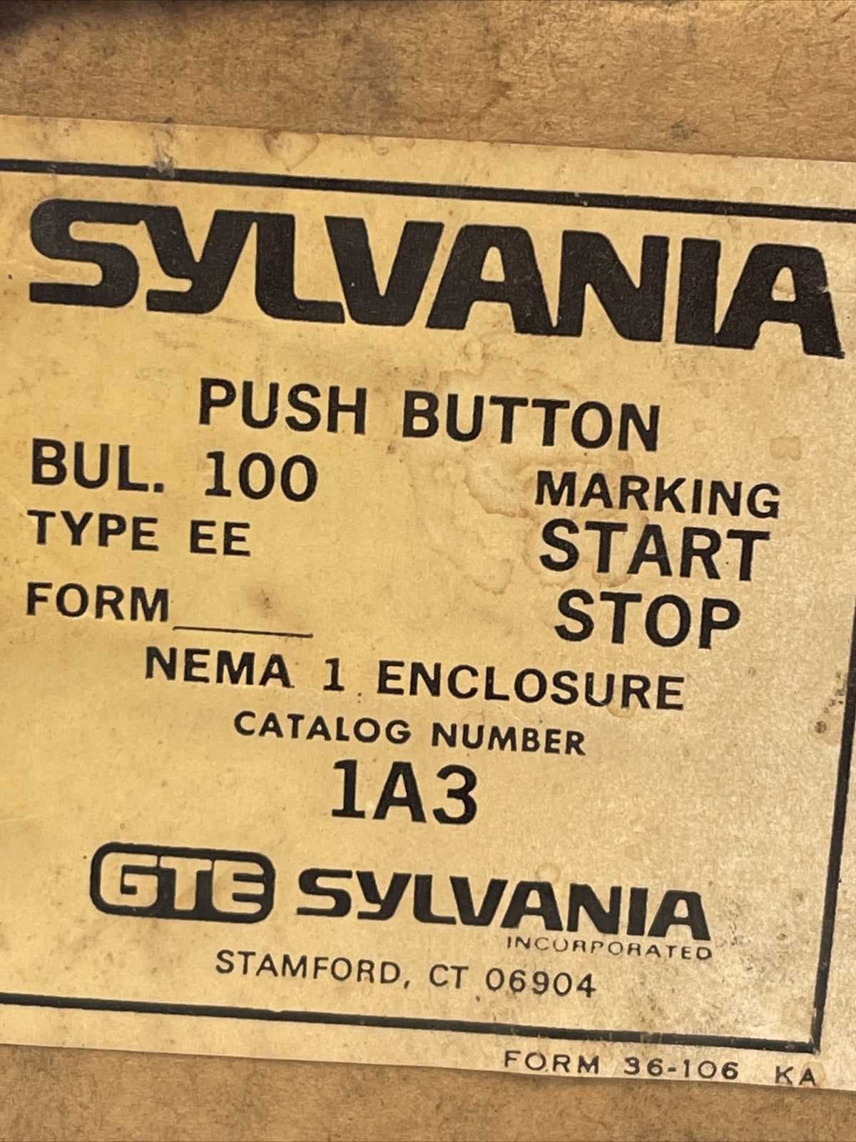 SYLVANIA 1A3 START STOP PUSH BUTTON STATION NEMA 1 ENCLOSURE BUL. 100 TYPE "EE"