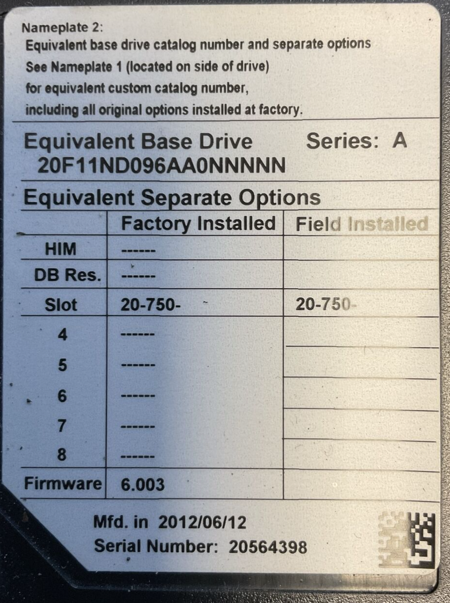 ALLEN BRADLEY 20F11ND096AA0NNNNN POWERFLEX 753 AC DRIVE FW 6.003 SER A **PARTS**