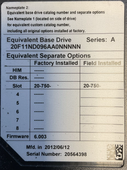 ALLEN BRADLEY 20F11ND096AA0NNNNN POWERFLEX 753 AC DRIVE FW 6.003 SER A **PARTS**