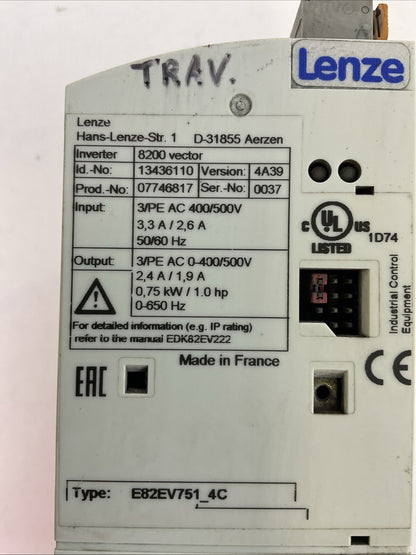LENZE E82EV751-4C INVERTER OUTPUT 0-400/500VAC 2.4/1.9A 0.75kW/1HP D-31855