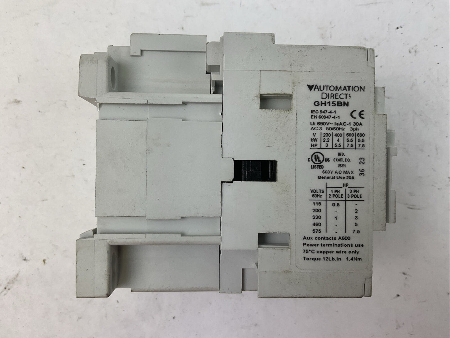 AUTOMATIONDIRECT GH15BN-3-10A CONTACTOR 600VAC 20A 3PH 7.5HP COIL 110-120V