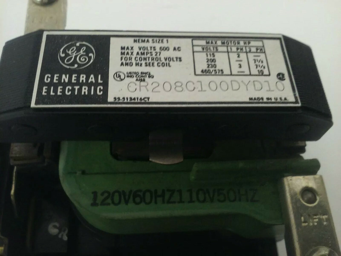 GENERAL ELECTRIC CR208C100DYD10 STARTER SIZE 1 600V 27A 3PH 10HP 120V COIL