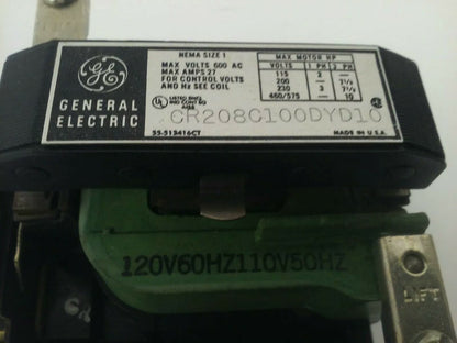 GENERAL ELECTRIC CR208C100DYD10 STARTER SIZE 1 600V 27A 3PH 10HP 120V COIL
